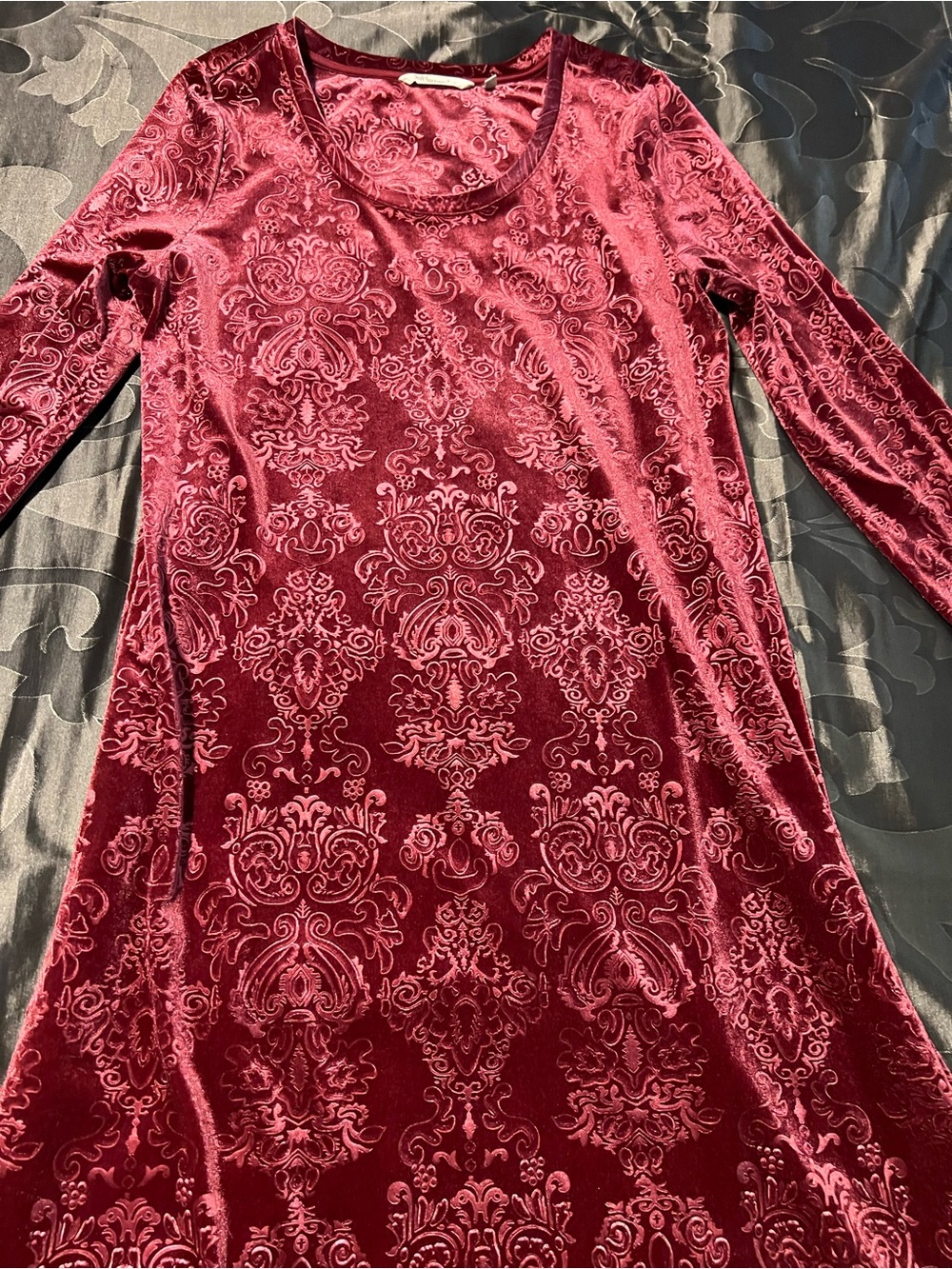Soft Surroundings Devore Velvet Damask Burgundy Long Sleeve Maxi Dress Large